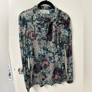 Zara Floral Print Long Sleeve Blouse with Bow Detail